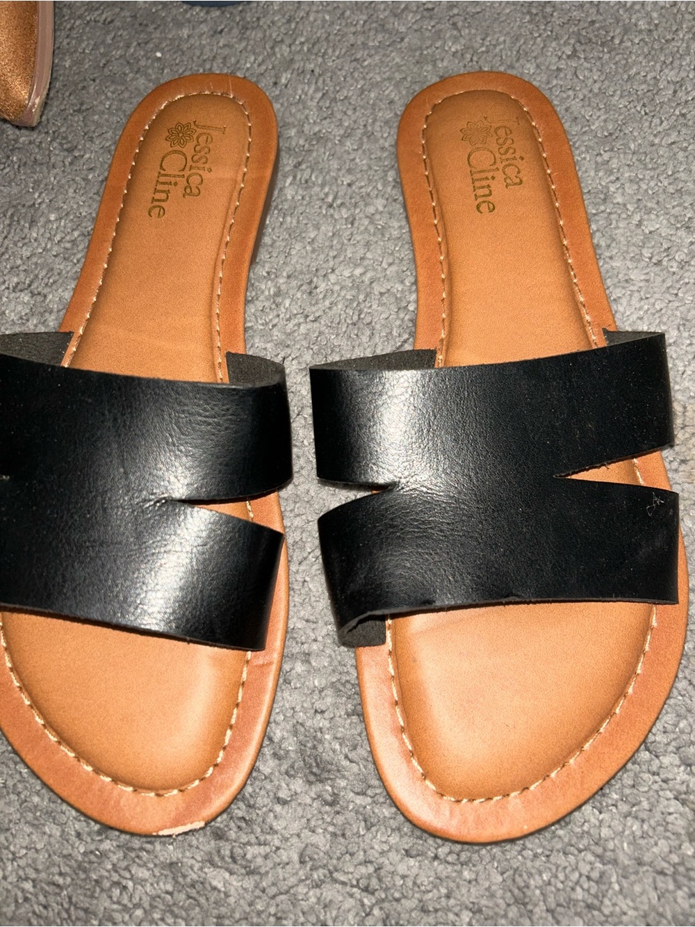 Jessica Cline Black Slide Sandals with Tan Footbed